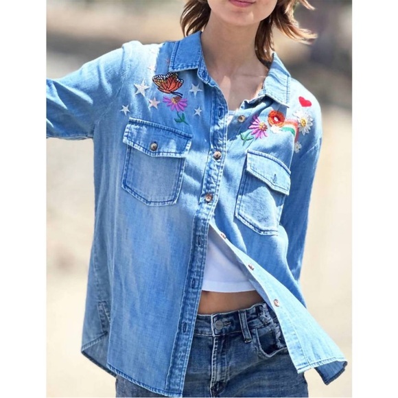 Billy T Happy Place Embroidered Denim Shirt Small Blue Button Down - Picture 6 of 6